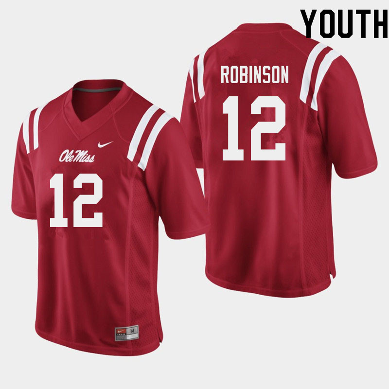 Austrian Robinson Ole Miss Rebels NCAA Youth Red #12 Stitched Limited College Football Jersey XRB8358JK